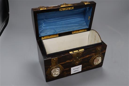 A Victorian brass bound coromandel wood stationery casket, with cameo mounts, height 17.5cm